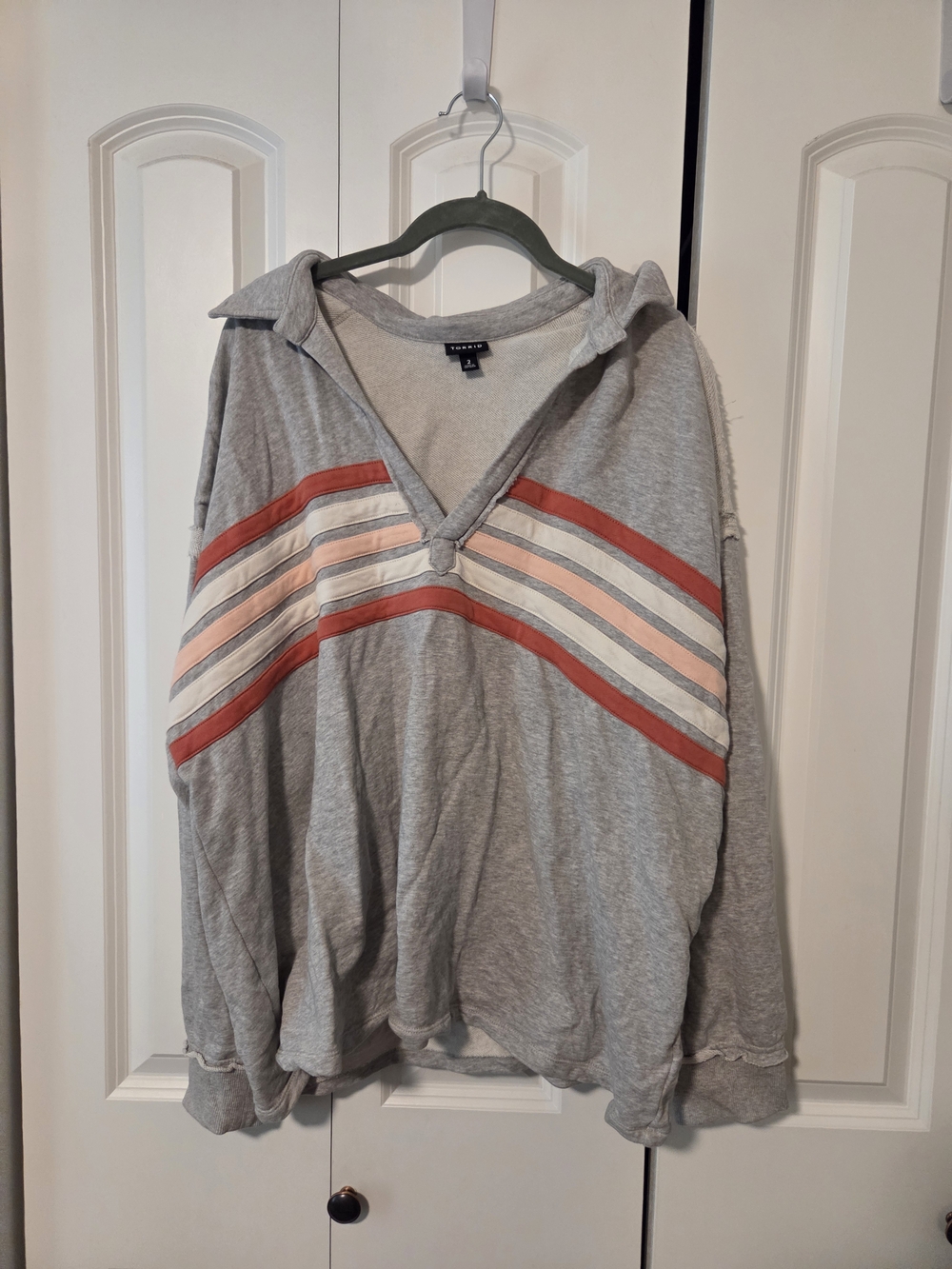 torrid Gray V-Neck Hoodie Sweater with Rust & Light Pink Stripes